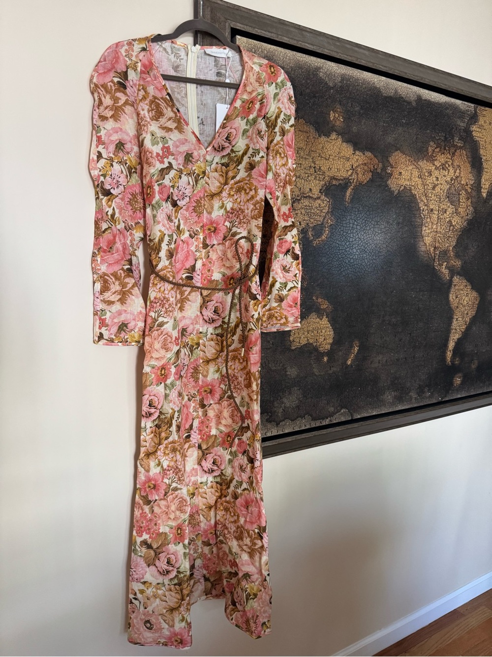 Zimmermann Pink Floral Wrap Maxi Dress with Brown Accents retail $750